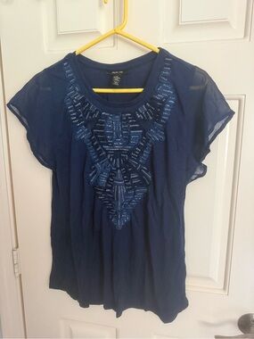 Style & Co. Navy Short Sleeve Beaded Scoop Neck Top